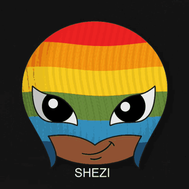a rainbow colored mask with the name shezi on the bottom