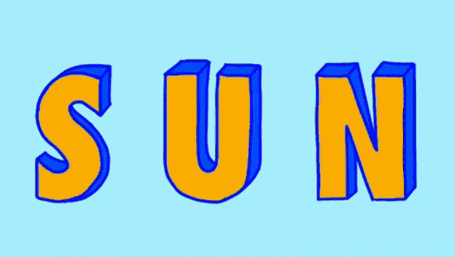 the word sun is written in yellow and blue letters on a blue background