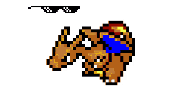 a pixel art of a cartoon character with savage much written above it