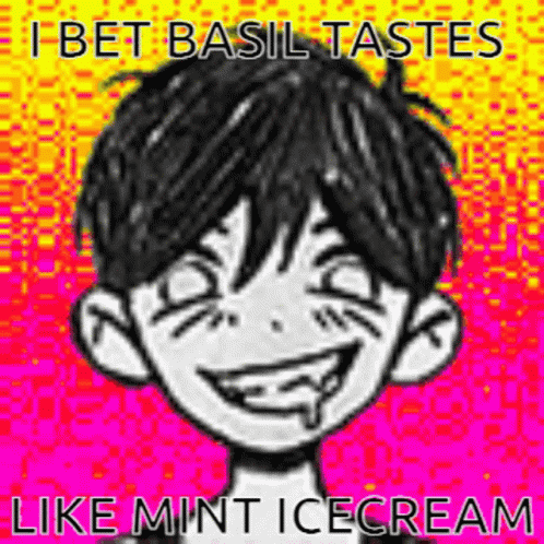 a black and white drawing of a boy with a smile on his face and the words `` i bet basil tastes like mint icecream ''