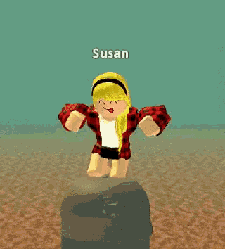 a girl in a red plaid shirt is standing on a helmet and has the name susan written above her