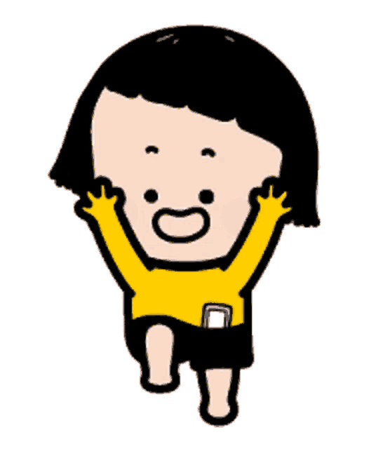 a cartoon of a girl in a yellow shirt with her arms in the air