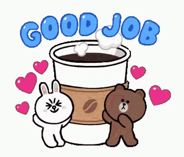 a brown bear and a bunny are standing next to a cup of coffee .