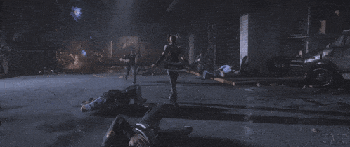 two police officers are holding a girl in a video game scene