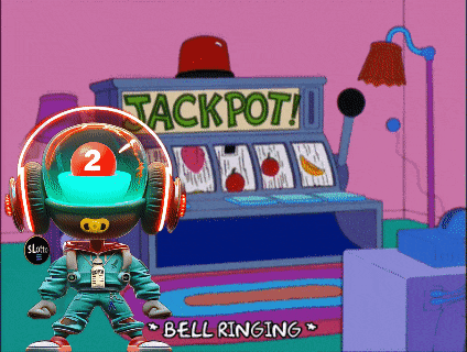 a cartoon character is standing in front of a jackpot machine