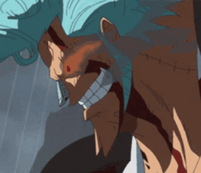 a close up of a cartoon character 's face with blood coming out of it