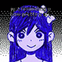 a cartoon girl with blue hair and a bow on her head is smiling .