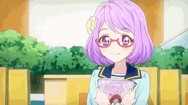 a girl with purple hair and glasses is holding a magazine that says " aikatsu style " on it
