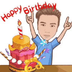 a cartoon of a man celebrating his birthday with a cake and a candle