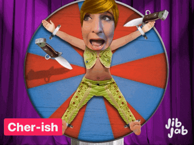 a cartoon of a woman being tickled by knives with the word cher-ish on the bottom