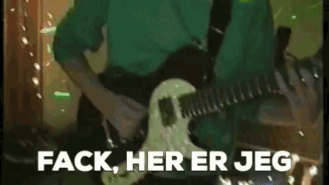 a man in a green shirt is playing a guitar with the words fack her er jeg written on the bottom