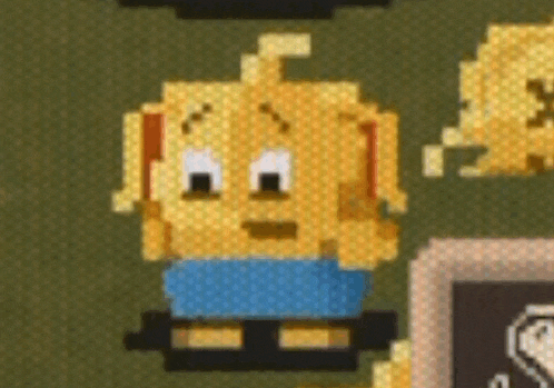 a pixel art of a yellow pumpkin with a blue shirt on