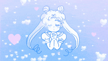 a drawing of a girl with hearts surrounding her on a blue background