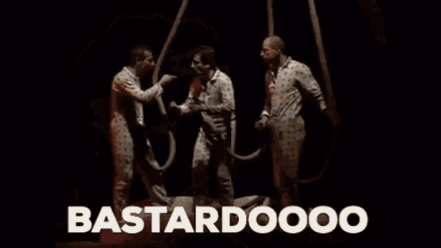 a man with a mustache is making a funny face and saying bastardoooo