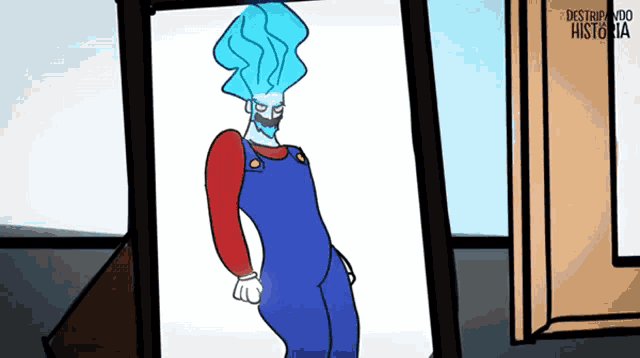 a cartoon drawing of a man with blue hair and red overalls with the words destripando historia on the bottom right