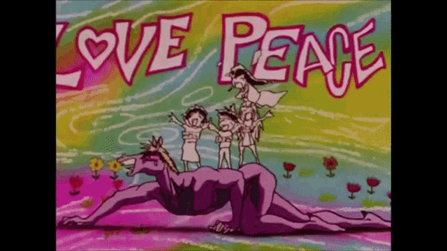 a cartoon drawing of a man laying on a horse with the words love peace written above him