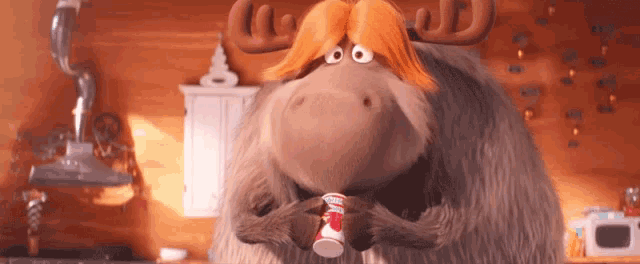a cartoon moose with red hair is holding a can of soda in its mouth .