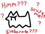 a drawing of a cat with the words hmm and elaborate written around it