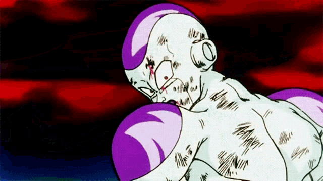 a close up of a cartoon character with purple hair and white skin