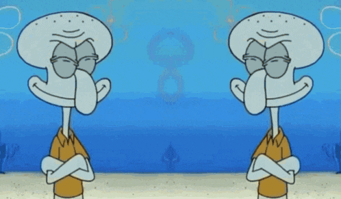 squidward from spongebob squarepants standing next to each other with his arms crossed