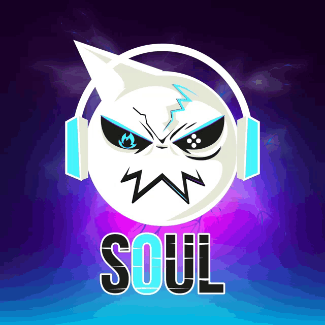 a logo for a company called soul shows a skull with headphones on