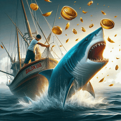a shark is attacking a boat that says balon 168 on the side