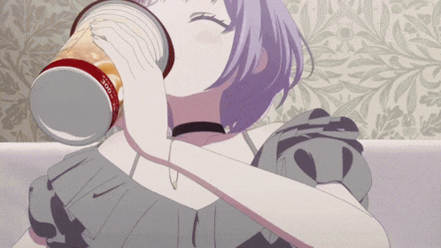 a girl with purple hair is drinking from a cup with a red label