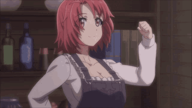 a girl with red hair is flexing her muscles in front of a shelf full of books