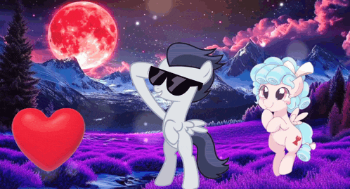 a couple of ponies standing next to each other in a field with a heart in the background