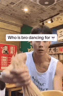a man in a white tank top is holding a bowl of noodles with a caption that says who is bro dancing for