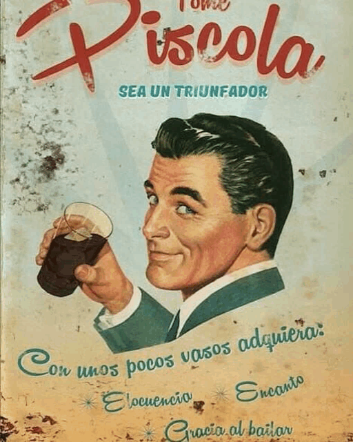 an advertisement for piscola shows a man holding a glass of drink
