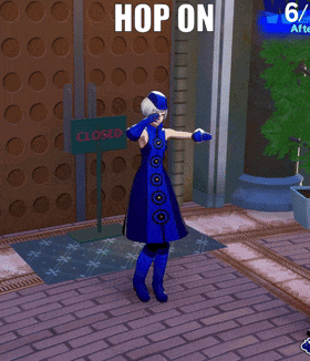 a woman in a blue dress stands in front of a closed sign that says hop on persona 3 reloaded