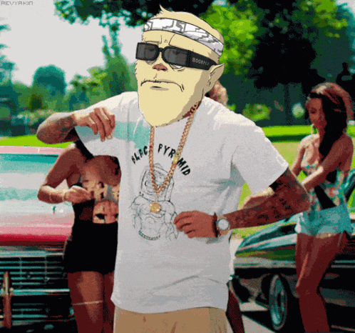 a man with a beard wearing a shirt that says ' a.r.c. pyramid ' on it