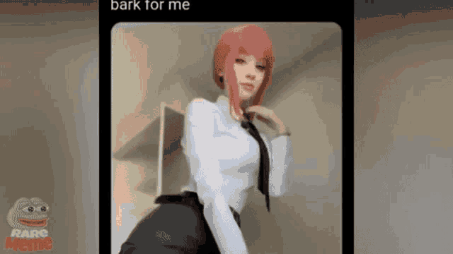 a girl with pink hair and a white shirt and tie is standing in a room .
