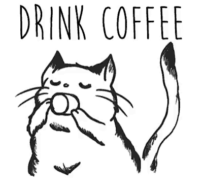 a black and white drawing of a cat holding a cup of coffee with the words `` and keep calm '' above it .