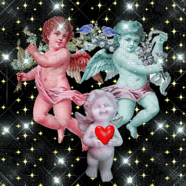 a couple of cherubs holding flowers and a heart