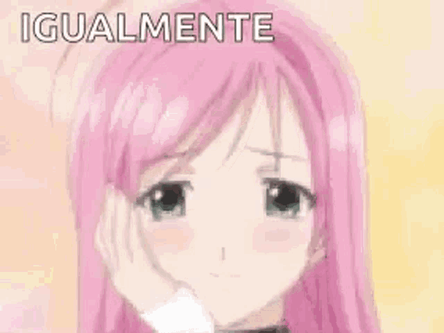 a close up of a pink haired anime girl with the words `` igualmente '' written above her head .