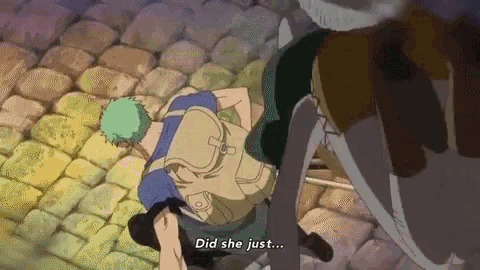 a man with a backpack is standing next to another man on a cobblestone street and says `` did she just ... ''