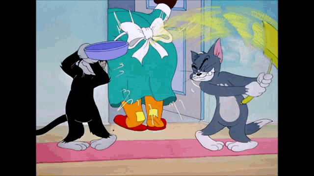a cartoon of tom and jerry with a woman in a blue apron