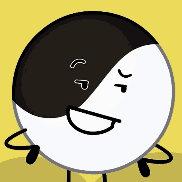 a black and white circle with a face and arms