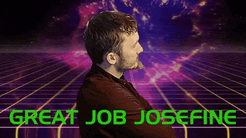 a man with his arms crossed is standing in front of a screen that says `` great job josefine ''