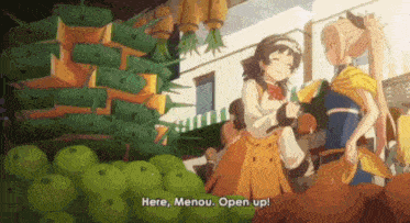 two anime girls are standing next to each other in front of a bunch of fruits .