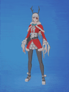 a girl with white hair and antlers is wearing a santa claus outfit