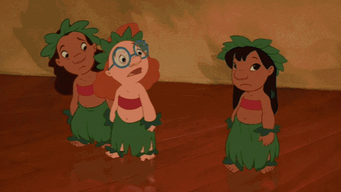 a group of cartoon characters are dancing in a room with an exit sign in the background
