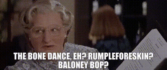 a woman is holding a piece of paper and says the bone dance eh ? rumpleforeskin baloney bop