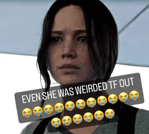 a picture of a woman with a caption that says " even she was weirded tf out " on it