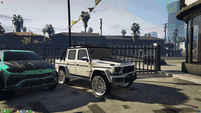 a white truck is parked next to a green sports car