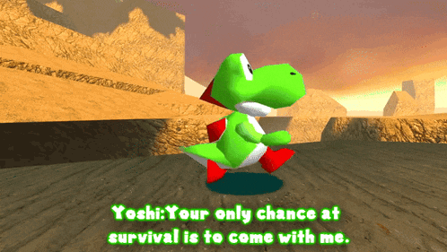 a screenshot of a video game with yoshi saying " yoshi your only chance at survival is to come with me "