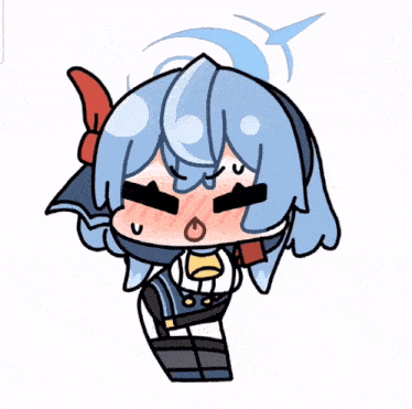 a cartoon drawing of a girl with blue hair and a bell around her neck