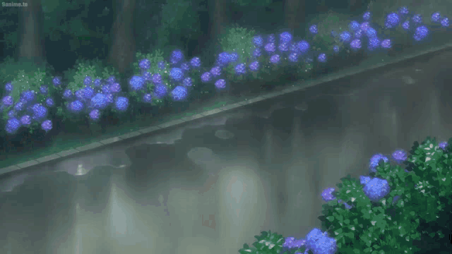 a man is kneeling down in the rain with purple flowers behind him